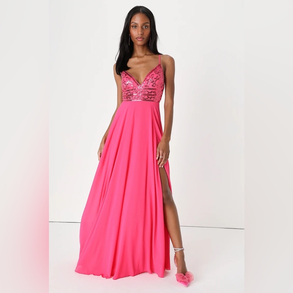 NWT Lulu’s Glam Sweetheart Pink Sequin Beaded Sleeveless Maxi Dress